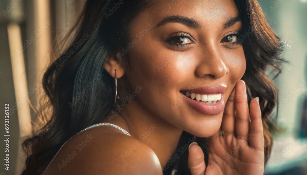 female beautiful face with tanned skin and dark hair, full lips and white big teeth, whispering
