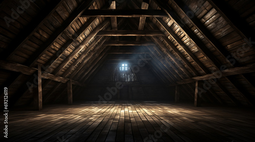 3d rendering of darken empty attic with aged stuff photo