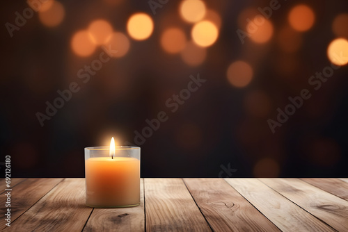 Einsame Glut: Einzelne Kerze auf hölzernem Untergrund mit bezauberndem Bokeh für warme Atmosphäre
