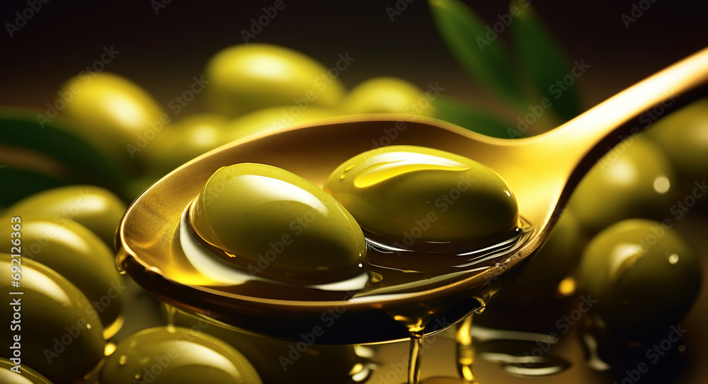 Branch of olive fruit and olives with drops of oil in spoon on blurred green background.