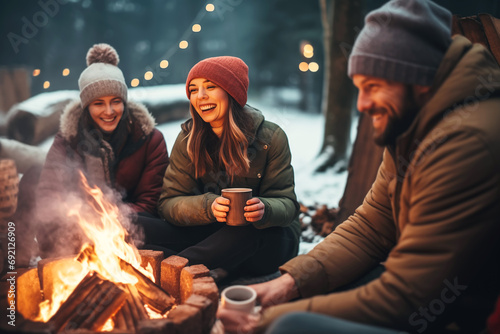 Happy friends having fun and relaxing around fire pit. Winter party outside photo