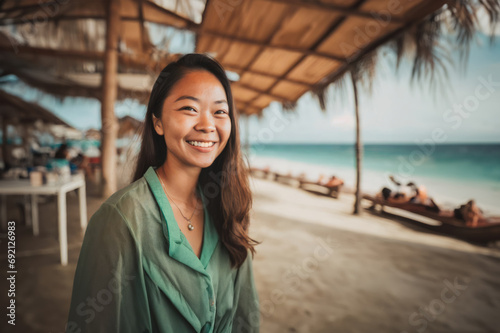  young adult asian woman smiles, thailand or indonesia or philippines photo