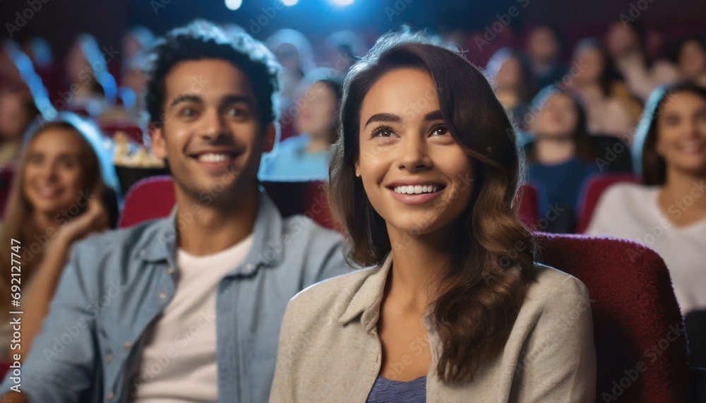 Fototapeta premium young adult woman and man in the cinema, happy beaming, good entertainment