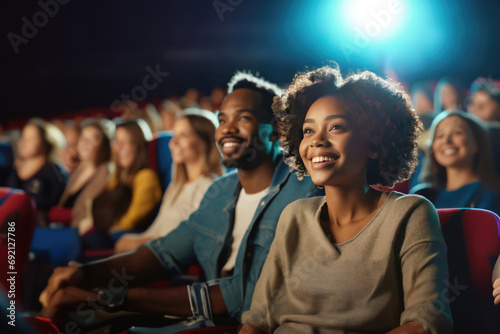  young adult woman and man in the cinema, happy beaming, good entertainment