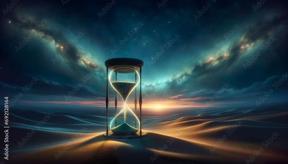 Sands of time. Concept of time passing. Surreal Night Landscape with Ancient Hourglass and Ethereal Nebula. A Mystical Intersection of Time and Cosmic Beauty