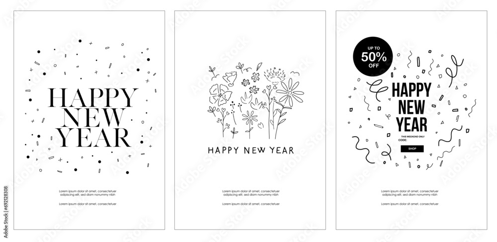 Hand drawn vector illustration of new year digital graphic design and logo icon template - Simple friendly touch - Greeting message for Winter Holiday Season - corporate, family, friends - obrazy, fototapety, plakaty 