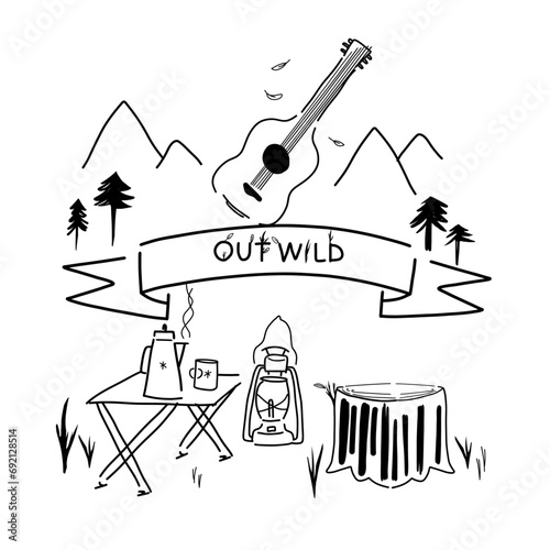 Hand drawn vector illustration of camping items icon set  - Fall event, out door camp, goods and item for hike - Out Wild