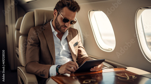 Successful handsome man blogger, billionaire or rich businessman flying private jet. Entrepreneur Concept.