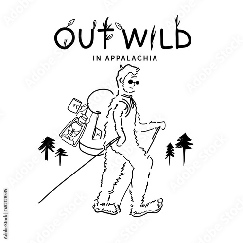 Hand drawn vector illustration of camping Big Foot - hiking - Out Wild in Appalachia 