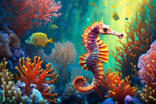 Gentle seahorse gliding through colourful coral reefs 