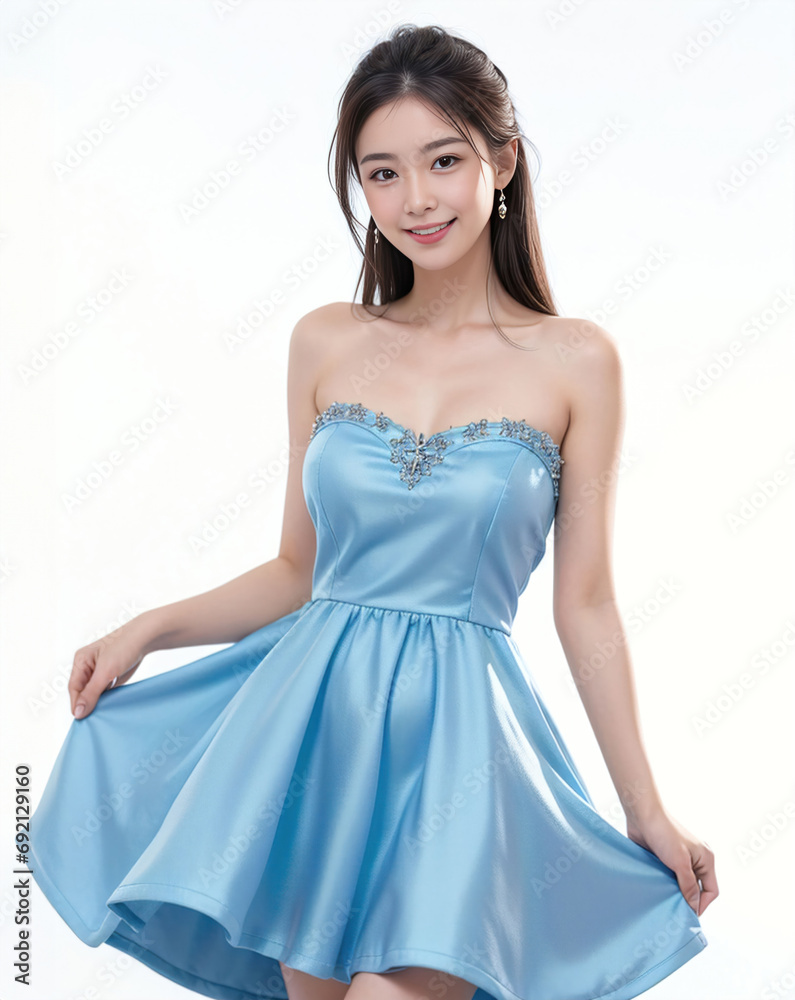 Beautiful woman in blue dress on white background in casino studio Beautiful woman in blue dress on white background in casino studio