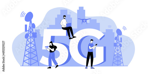 Illustration of 5G network, integrating people with gadgets and transmission tower signals