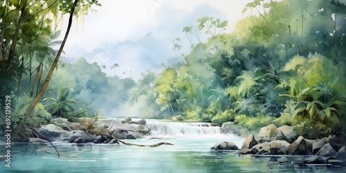 Tropical Forest Landscape with River in the Fog in Watercolor Painting Style - Wall Art - Poster - Printable - Print - Wallpaper - Background - Artwork 