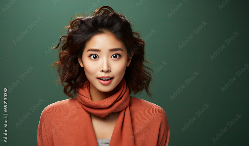 Obraz premium Young Asian woman feel happiness with positive expression, joyful surprise funky, dressed in casual cloth isolated on green background. Happy adorable glad woman rejoices success. Facial expression.