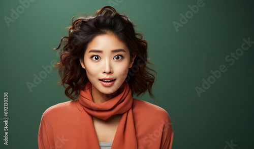 Young Asian woman feel happiness with positive expression, joyful surprise funky, dressed in casual cloth isolated on green background. Happy adorable glad woman rejoices success. Facial expression.