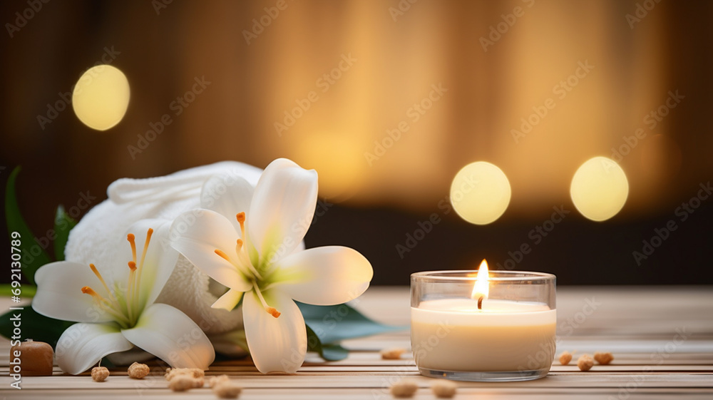 composition with burning candles and flowers on wooden table against blurred background. space for text