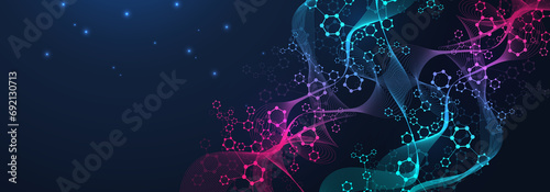 Modern abstract molecules structure for science or medical background. DNA helix or atom visualization. Molecular wave flow abstract background. illustration photo