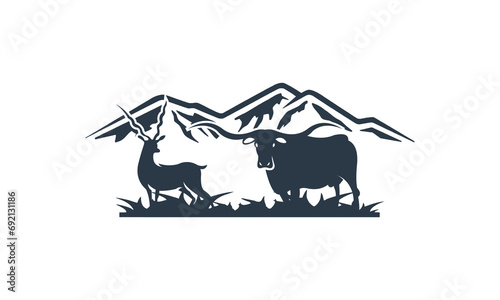 mountains and animals deer and buffalo logo design vector
