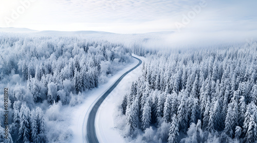 beautiful winter Road through a snow covered forest landscape top down aeral view with spruce treetops covered with freshly fallen snow. Generated AI