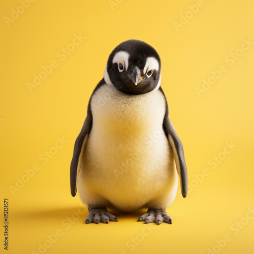 Portrait of a baby penguin on a yellow background.