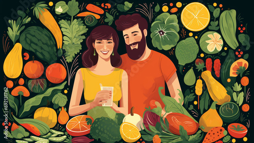 young couple holding fresh healthy vegetables and fruits