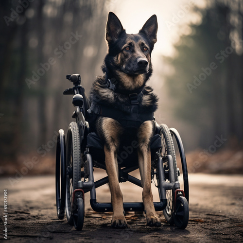 Dog in a wheelchair.