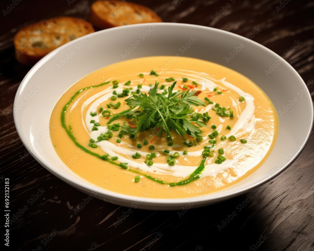 Indulge in the Richness of Crab Bisque Soup, Garnished with Green Onions, Chives, and French Cream - A Hot and Delicious Treat