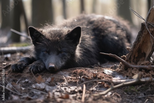 Closeup of a Dead Desman with Fur in Natural Setting Park Ground Covered in Spring Plants and Fauna photo