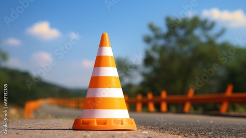 Orange Road Sign: Plastic Striped Cone Symbol for Road Signs, Land Danger with White Stripes photo