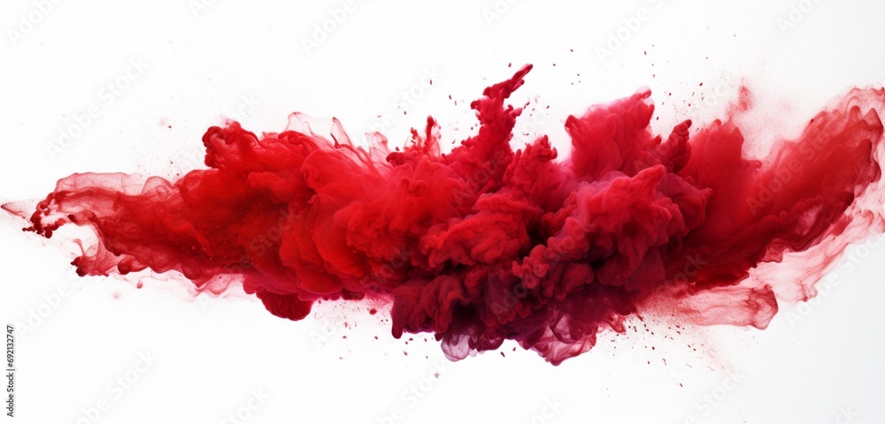Captivate attention with a red powder explosion abstract over a white background, where isolated red powder splatters create a vibrant cloud of color reminiscent of a festive Color Holi celebration.