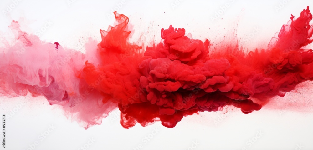 Captivate attention with a red powder explosion abstract over a white background, where isolated red powder splatters create a vibrant cloud of color reminiscent of a festive Color Holi celebration.