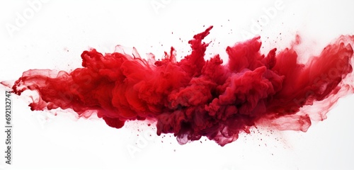 Captivate attention with a red powder explosion abstract over a white background, where isolated red powder splatters create a vibrant cloud of color reminiscent of a festive Color Holi celebration.