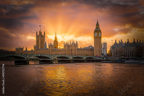 Fotografie, Obraz Landscape with Big Ben and Westminster palace at sunset in London, Great Britain