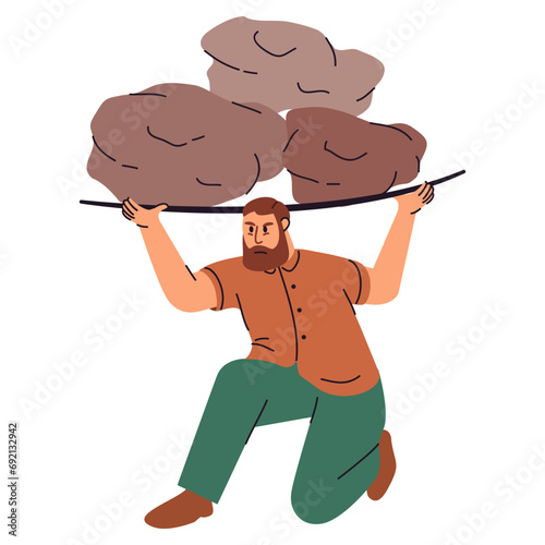 loads employee more work.Struggling male colleague or coworker.Man overwhelm workload. Stressed man holding heavy burden on hands. Work stress concept.Businessman chained by a huge weight debt. 