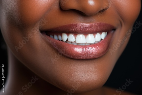 Close-up of a young African-American woman  showcasing a radiant snow-white smile that exudes confidence and beauty