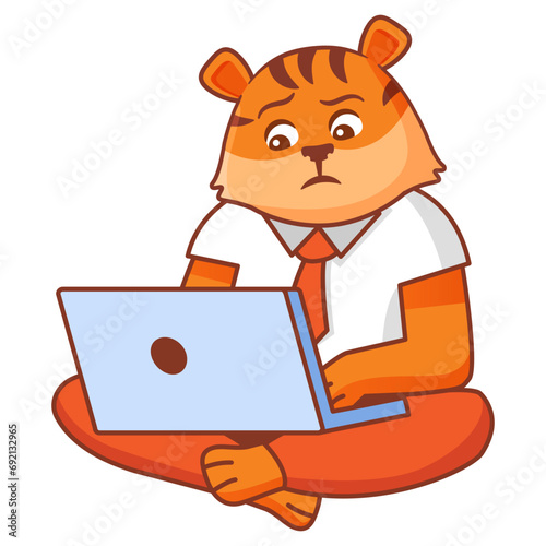 Student fox working on the laptop computer.Study online animal tiger.Online children education.School boy fox working at the laptop.Active young kid animal.Student hands using laptop. Vector flat.