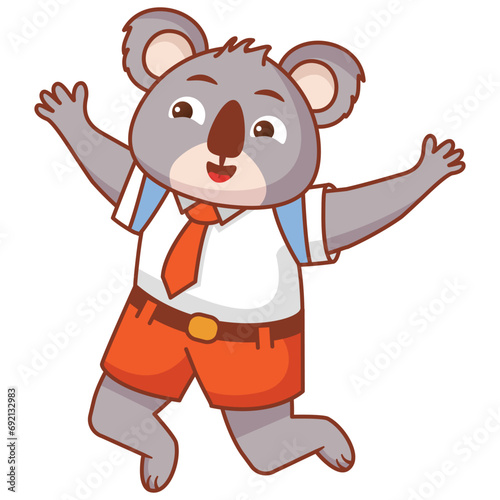 Cartoon koala bear going to school.A joyful cute koala jumping cub in a school uniform with bag .Kid kawaii tropical animal go to school.Animalistic childish character.Cute animal student.