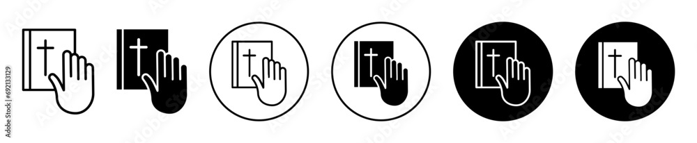 Hand in Bible icon. Christian religious faith and trust in Jesus Christ to take oath to be honest in believe vector symbol mark. hand with Christian bible for pray sign   - obrazy, fototapety, plakaty 