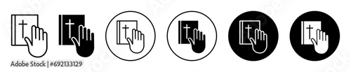 Hand in Bible icon. Christian religious faith and trust in Jesus Christ to take oath to be honest in believe vector symbol mark. hand with Christian bible for pray sign   photo