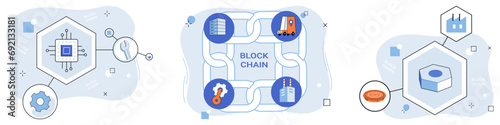 Blockchain industry vector illustration. The internet things IoT and blockchain dance in ballet decentralized finance Banking and finance embrace security blanket blockchain industry concepts