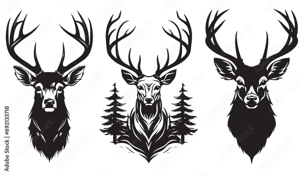 Set of deer heads with horns, black and white heads of forest animals, decoration of room, home, wall vector illustration - obrazy, fototapety, plakaty 
