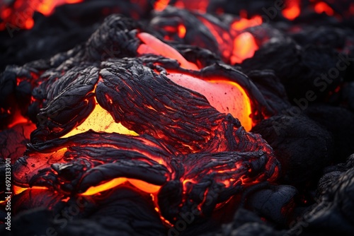 Close-up of molten lava flowing over rough, black volcanic rock.