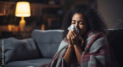 woman blowing her nose while on couch having cold photo