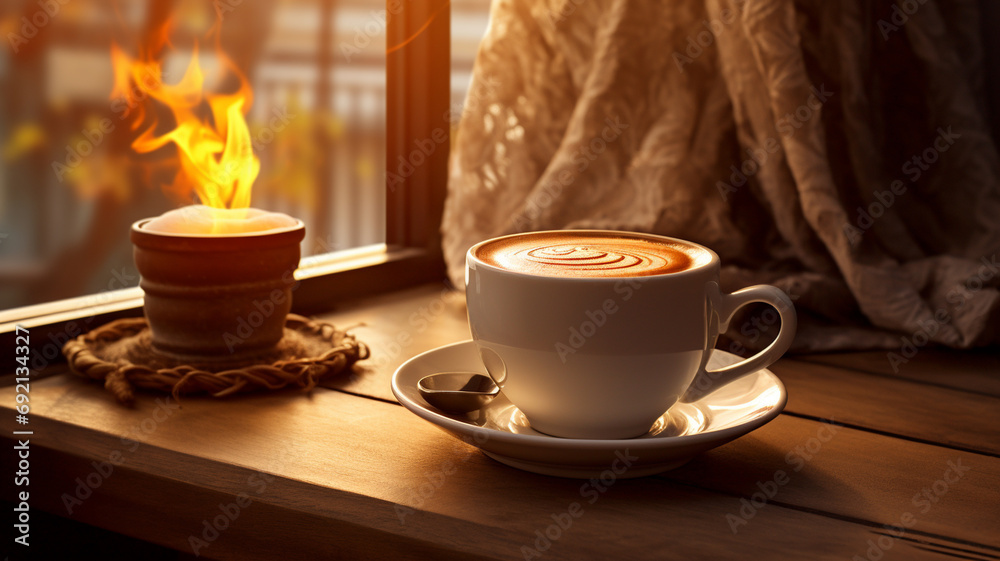 cup of hot drink with cinnamon and sugar on the windowsill