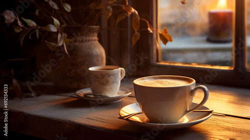 cup of hot drink with cinnamon and sugar on the windowsill