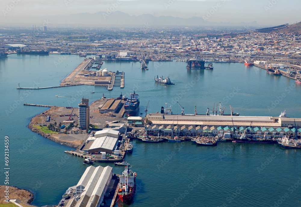 Aerial view of the commercial harbour of Cape Town, South Africa