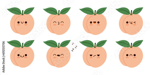 Set cute kawaii peach fruit character with a funny emoji. Peach fuzz color cartoon vector illustration