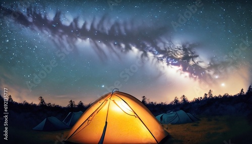 yellow tent under starry sky suitable as background or banner