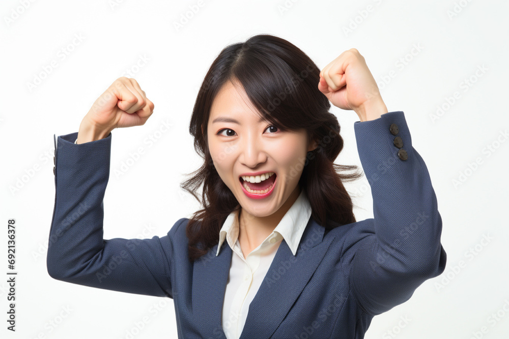 Image photo of a Japanese businesswoman doing a fist pump, white background Image photo of a Japanese businesswoman doing a fist pump, white background