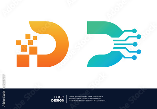 Digital connection letter D logo design collection.